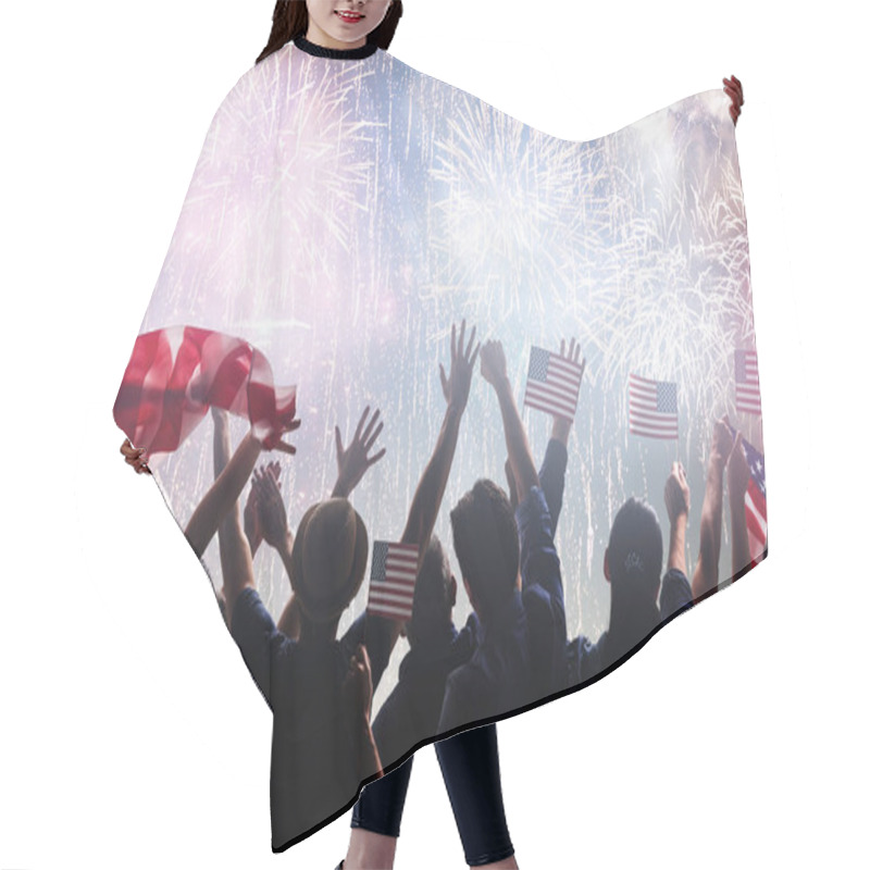 Personality  Patriotic Holiday. Silhouettes Of People Holding The Flag Of The USA. America Celebrate 4th Of July. Hair Cutting Cape