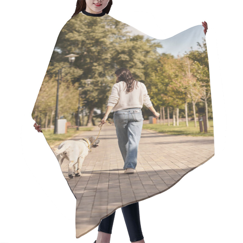 Personality  A Beautiful Woman Dressed In Cozy Autumn Attire Strolls Through A Park With Her Dog. Hair Cutting Cape