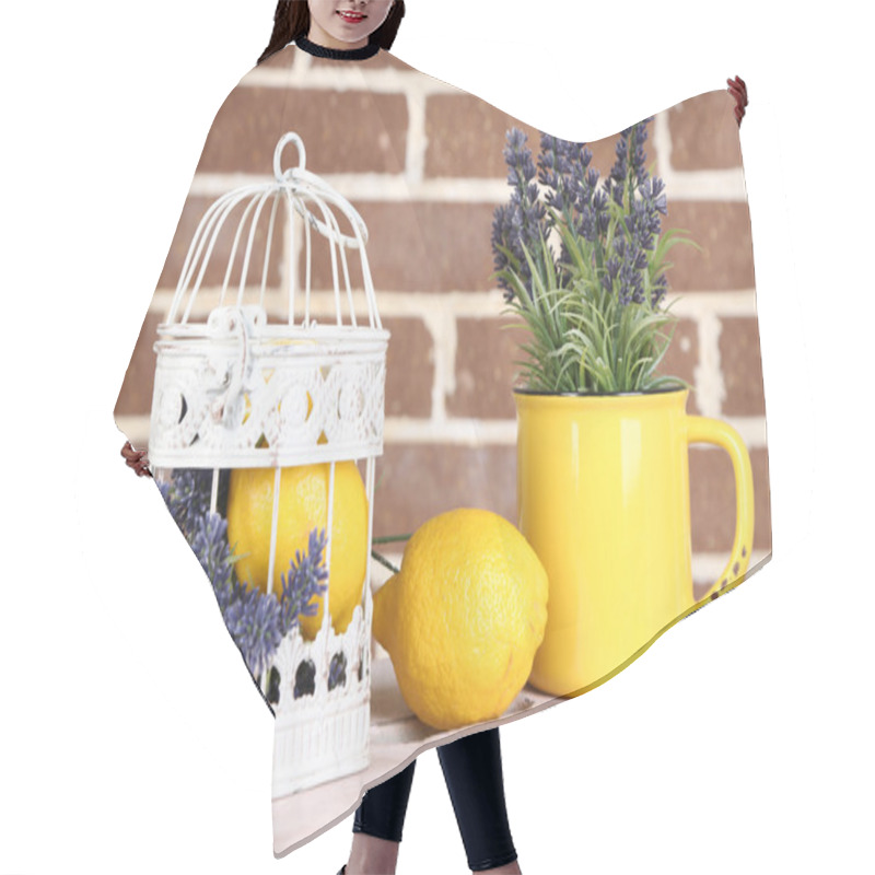 Personality  Still Life With Fresh Lemons And Lavender Hair Cutting Cape