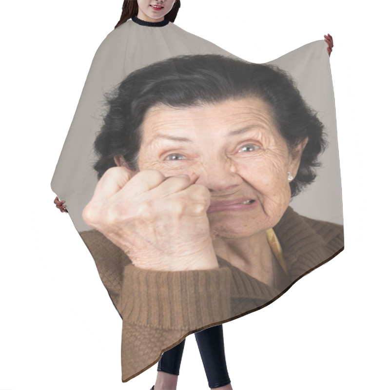 Personality  Portrait Of Angry Old Woman Grandmother Hair Cutting Cape