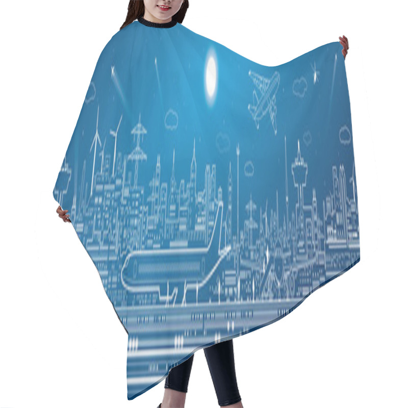 Personality  Airport Mega Panorama, Aircraft On Runway, Airplane Takeoff, Transport And Infrastructure, Night City On Background, Vector Design Art Hair Cutting Cape