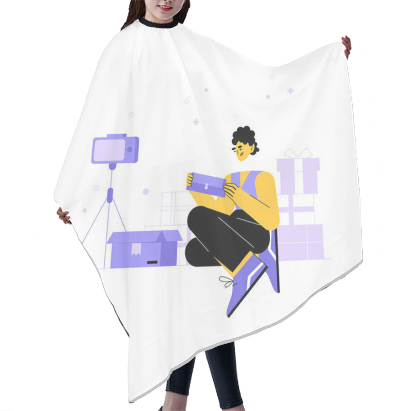 Personality  A Male Character Sitting And Unboxing A Product, Surrounded By Packaging Boxes, Camera, And Lights, Symbolizing Online Shopping And Unboxing Experiences. Hair Cutting Cape