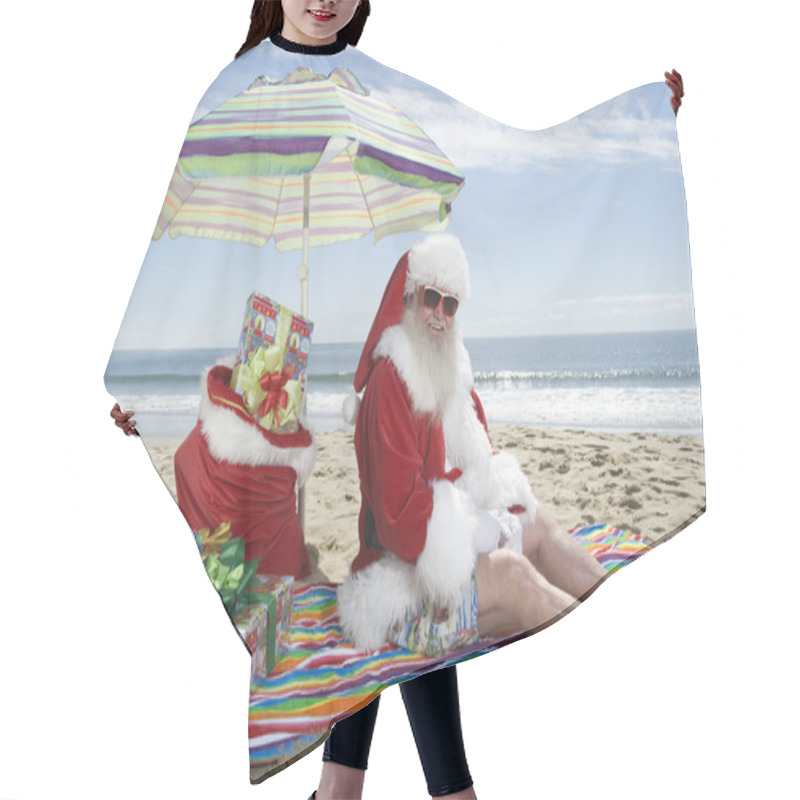 Personality  Santa Claus Sitting Under Parasol With Gifts On Beach Hair Cutting Cape