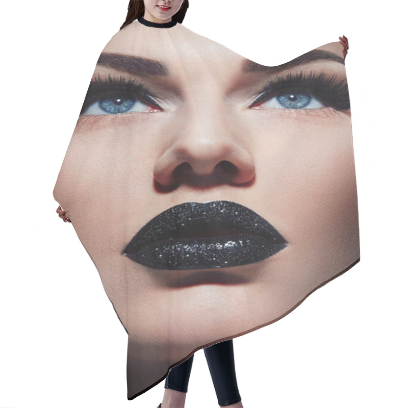 Personality  Black Lipstick On The Lips Plump. Hair Cutting Cape