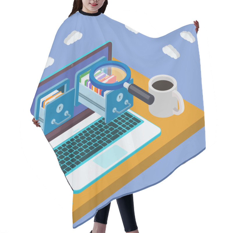 Personality  Desk With Laptop 3d. Database Storage Server Hair Cutting Cape