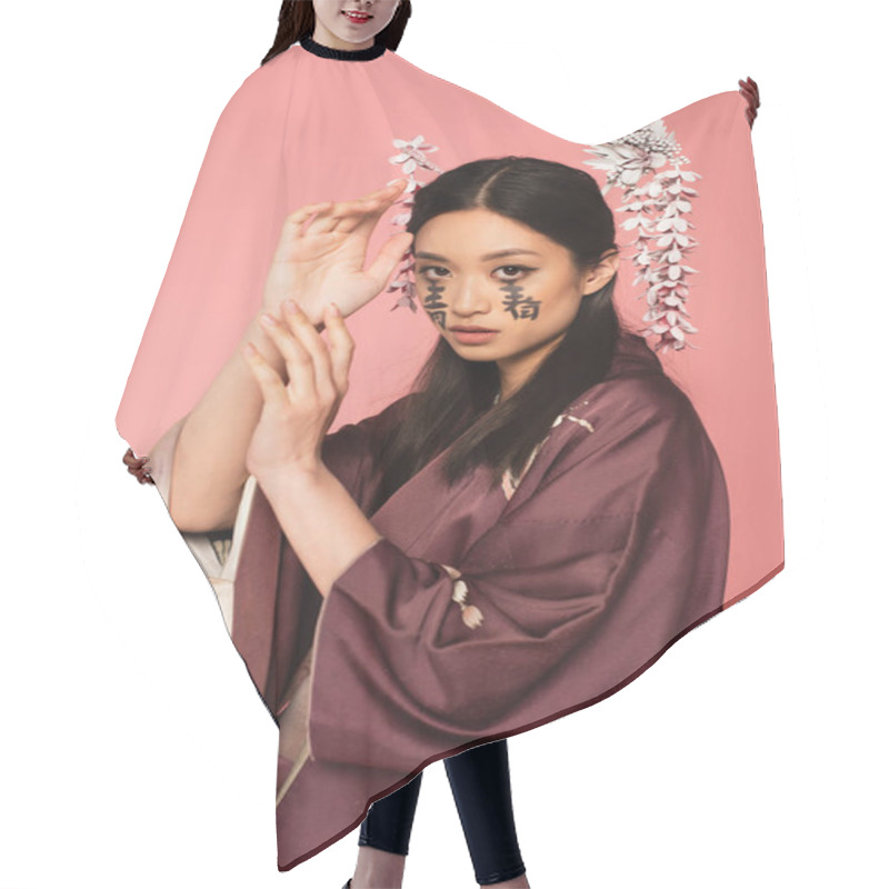 Personality  Japanese Woman In Oriental Clothes And Hieroglyphs On Face Isolated On Pink  Hair Cutting Cape