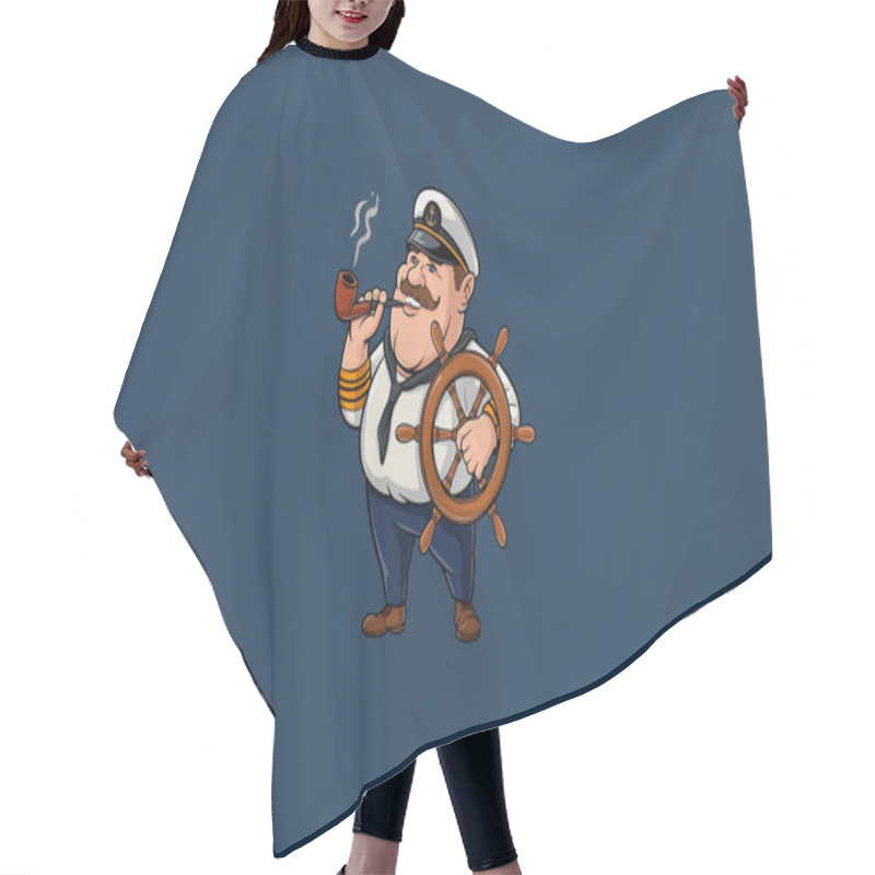 Personality  Cheerful Cartoon Captain With A Ship Wheel And Smoking Pipe. Hair Cutting Cape