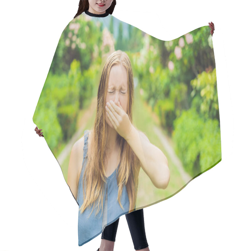 Personality  Young Pretty Woman Blowing Nose In Front Of Blooming Tree. Spring Allergy Concept Hair Cutting Cape