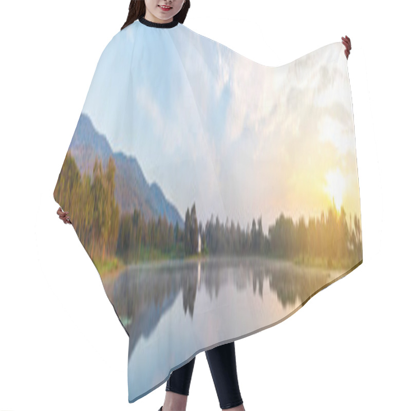 Personality  Lake And Mountain On Morning Time With Fog On Water Surface. Hair Cutting Cape