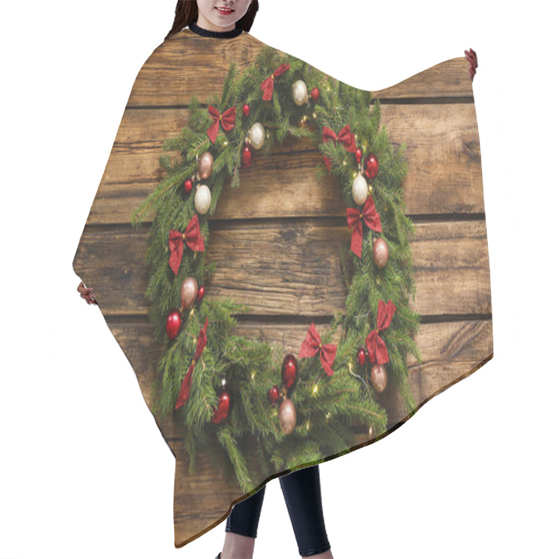 Personality  Beautiful Christmas Wreath With Festive Decor On Wooden Background, Top View Hair Cutting Cape