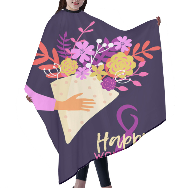 Personality  Vector Happy 8 March Illustration With Hands Holding Bouquet Of Flowers. Trendy International Women's Day Greeting Card, Poster, Flyer. Hair Cutting Cape