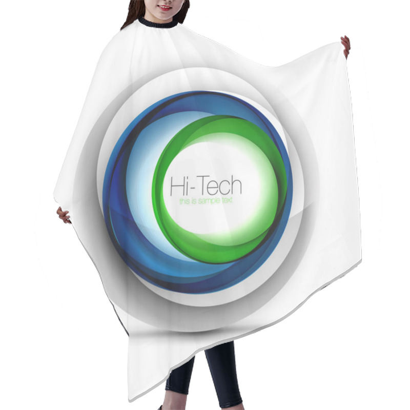 Personality  Digital Techno Sphere Web Banner, Button Or Icon With Text. Glossy Swirl Color Abstract Circle Design, Hi-tech Futuristic Symbol With Color Rings And Grey Metallic Element Hair Cutting Cape