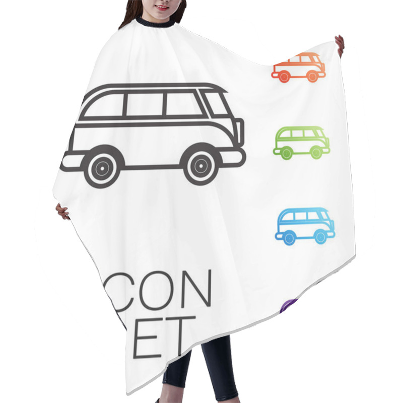 Personality  Black Line Retro Minivan Icon Isolated On White Background. Old Retro Classic Traveling Van. Set Icons Colorful. Vector Illustration Hair Cutting Cape