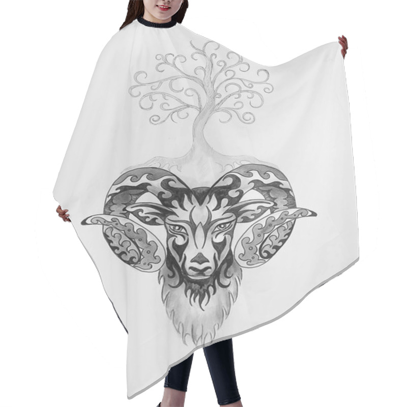 Personality  Ornamental Painting Of Aries, Sacred Animal Symbol And Tree Of Life. Hair Cutting Cape