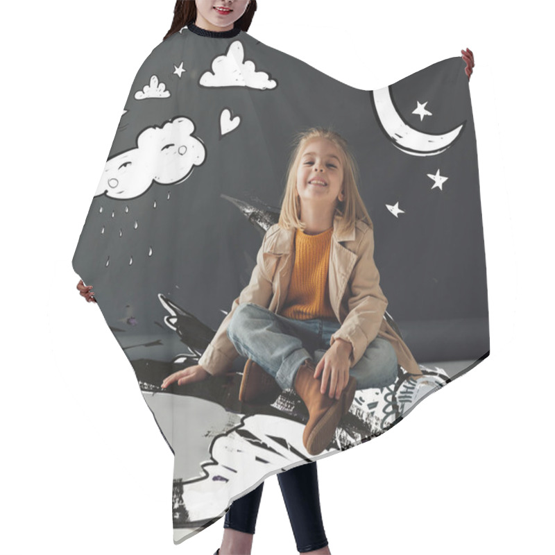 Personality  Smiling And Cute Child Sitting With Crossed Legs Flying On Fantasy Bird On Black Background With Magic Moon, Stars And Rainy Cloud Illustration Hair Cutting Cape