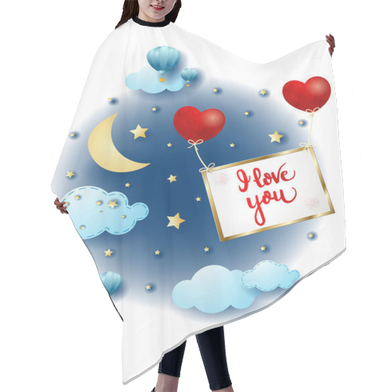 Personality  Night Landscape With Flying Sign And Hearts, Fairy Tale. Vector Illustration Eps10 Hair Cutting Cape