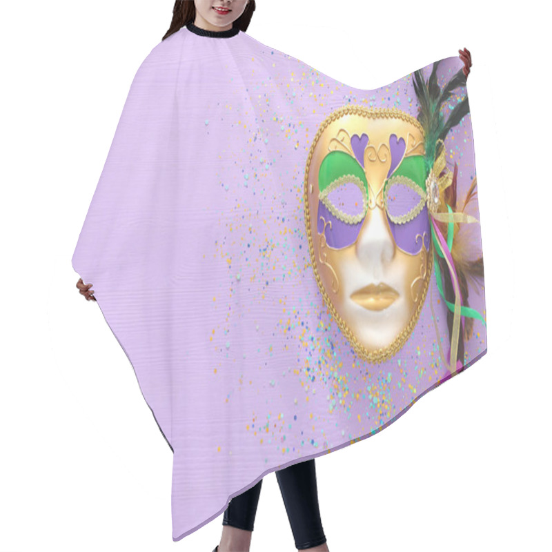 Personality  Holidays Image Of Mardi Gras Masquarade Venetian Mask Over Purple Background. View From Above Hair Cutting Cape