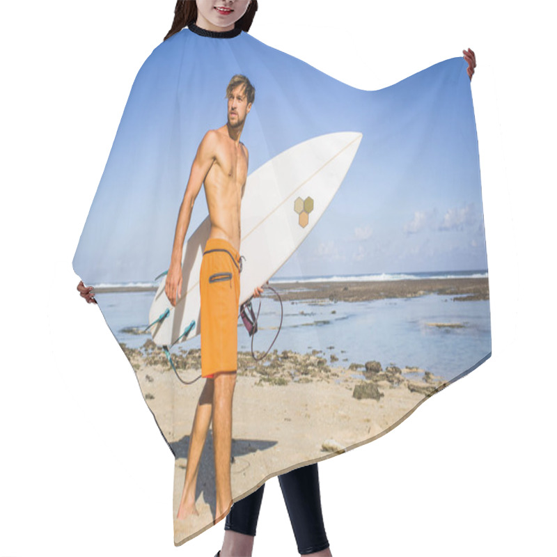 Personality  Young Surfer With Surfing Board Standing On Sandy Beach On Summer Day Hair Cutting Cape