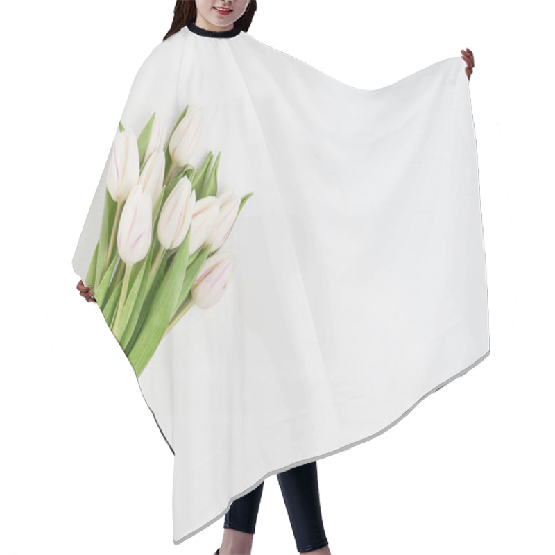 Personality  White Tulips Bouquet Decorated With Hearts Ribbon On White Wooden Background. Copy Space, Top View. Valentines Day Concept Hair Cutting Cape