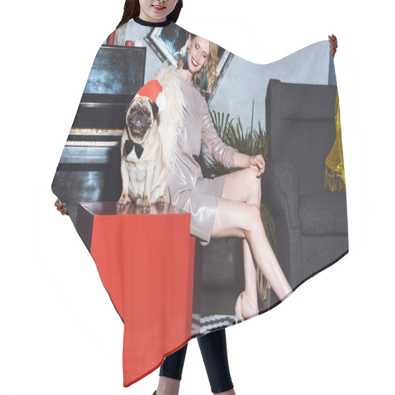 Personality  Woman With Pug In Santa Hat Hair Cutting Cape