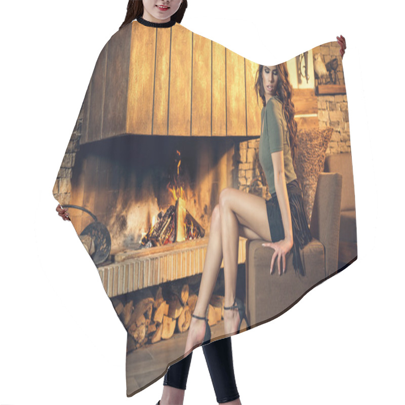 Personality  Pretty Brunette Posing Near Burning Fireplace Hair Cutting Cape