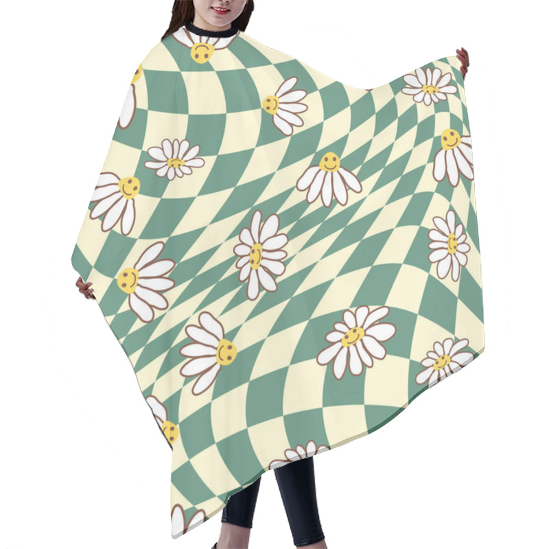 Personality  Retro Smile Chamomile Seamless Pattern On 1970 Wavy Swirl Pattern. Hippie Aesthetic Hair Cutting Cape