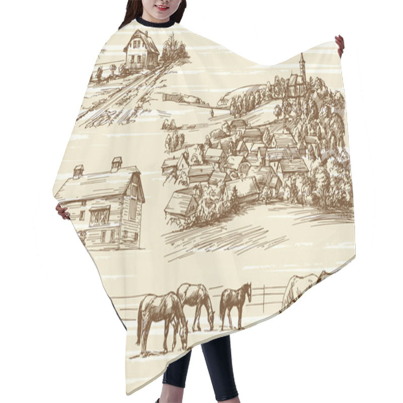 Personality  Farm And Horses - Hand Drawn Set Hair Cutting Cape