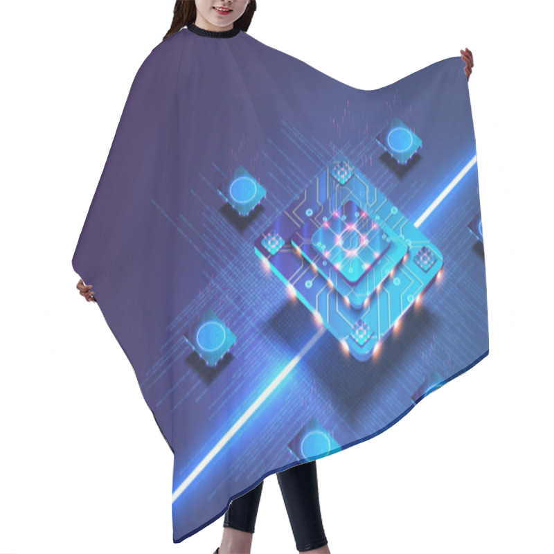 Personality  Futuristic Microchip Processor With Lights On The Blue Background. Quantum Computer, Large Data Processing, Database Concept. Artificial Intelligence And Robotics Quantum Computing Processor Concept. Hair Cutting Cape