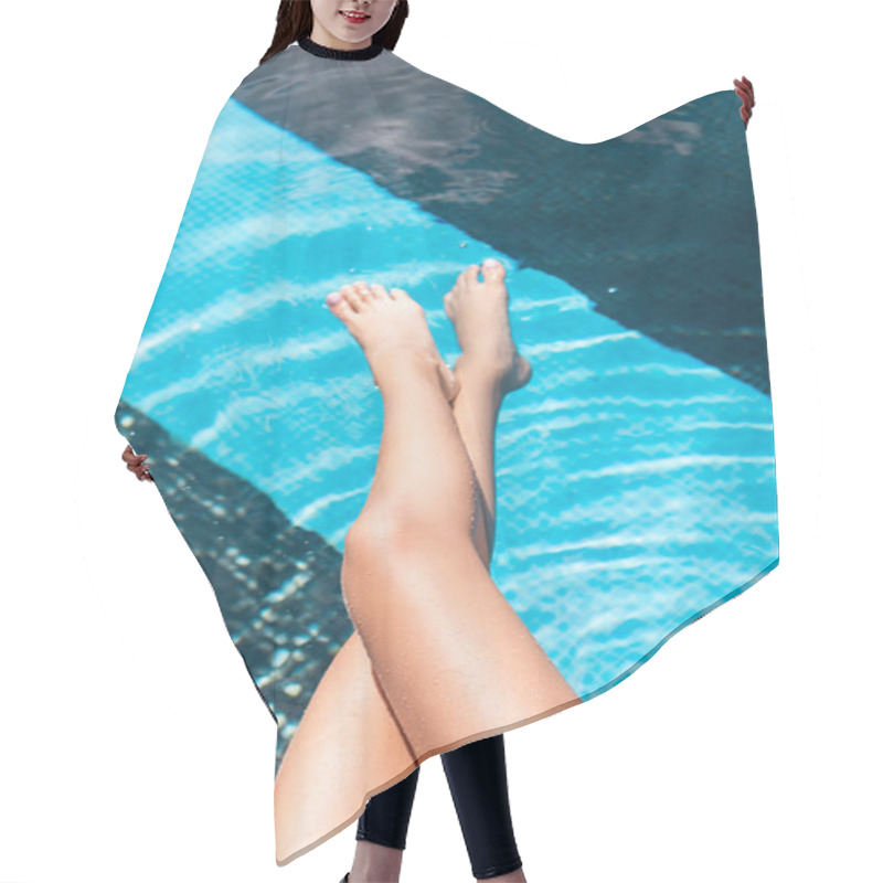 Personality  Cropped View Of Womans Legs In Water Of Swimming Pool Hair Cutting Cape