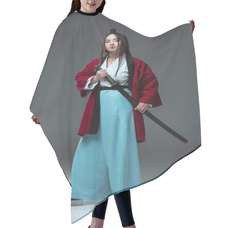 Personality  Samurai In Kimono Holding Katana Sword And Looking At Camera On Grey Hair Cutting Cape