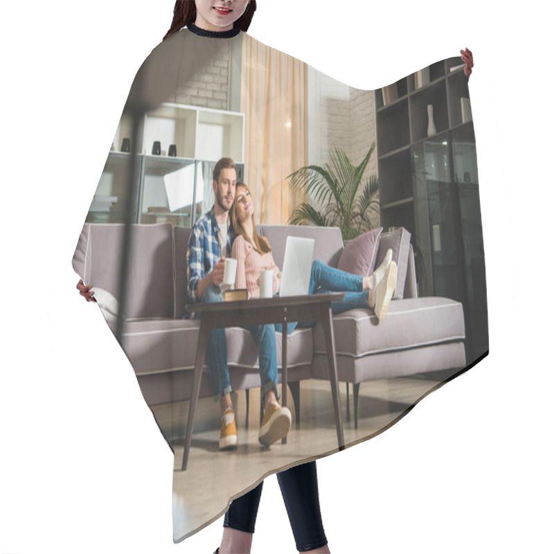 Personality  Surface Level View Of Couple Watching Laptop In Living Room With Modern Interior Hair Cutting Cape