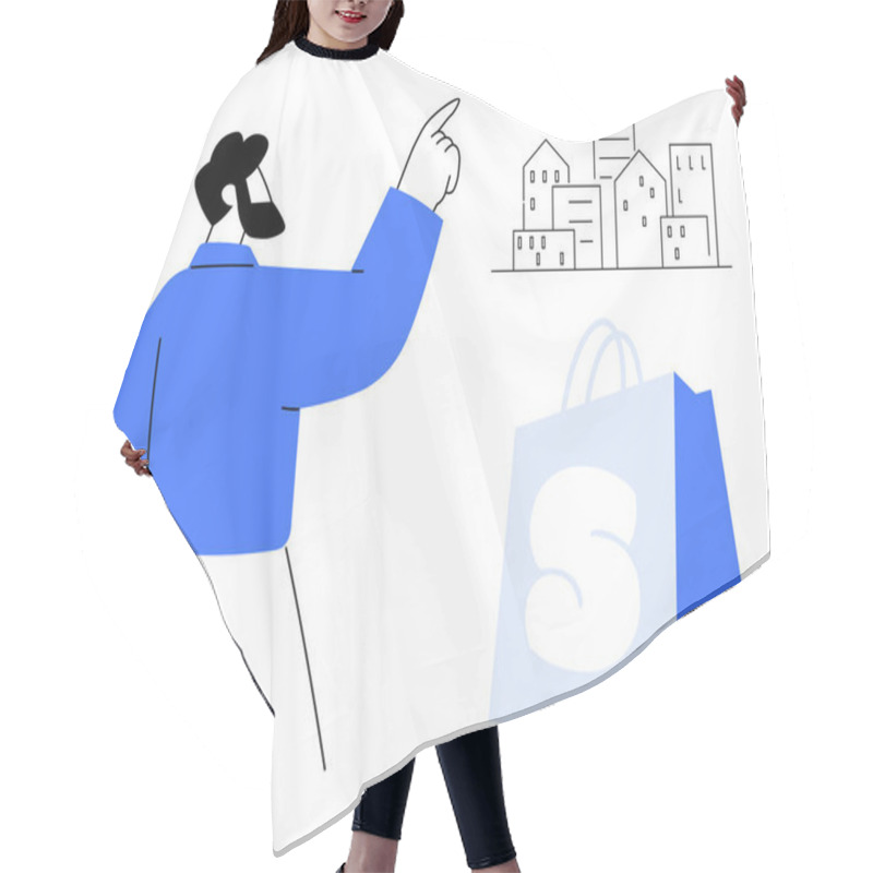 Personality  Man Points At Urban Buildings, With A Shopping Bag In The Foreground. Ideal For Urban Living, Architecture, Shopping, Lifestyle, And Consumerism Themes. Simplistic, Modern, Minimalistic Style Hair Cutting Cape