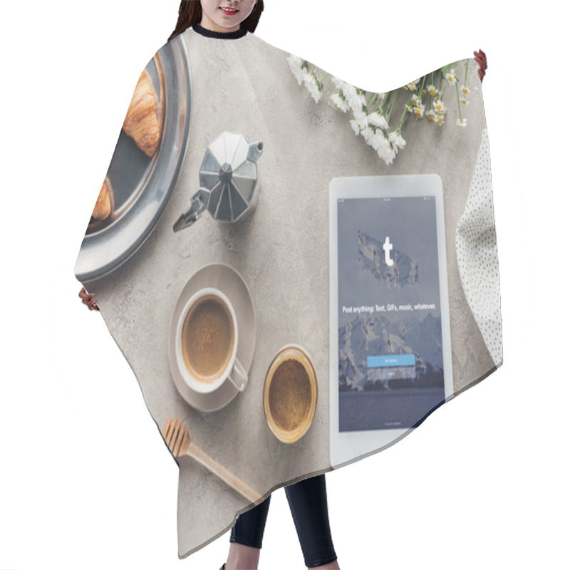 Personality  Top View Of Coffee With Pastry And Tablet With Tumblr App On Screen On Concrete Surface Hair Cutting Cape