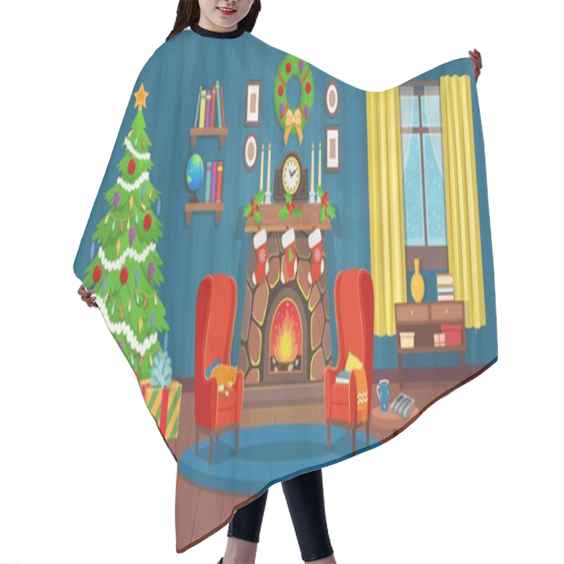 Personality  Christmas Interior With Fireplace, Christmas Tree, Window, Bookshelf, Desk And Armchairs. Cartoon Vector Illustration. Hair Cutting Cape