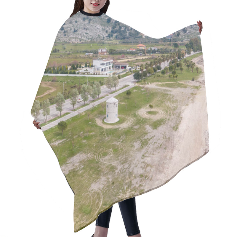 Personality  Coastal Windmill And Modern House Viewed From Above. Serene Landscape With Greenery And Beach. Hair Cutting Cape