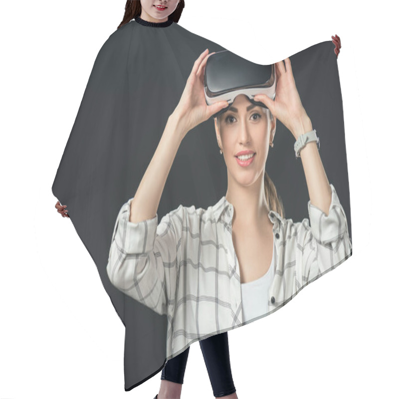 Personality  Smiling Woman Using Virtual Reality Headset, Isolated On Black Hair Cutting Cape