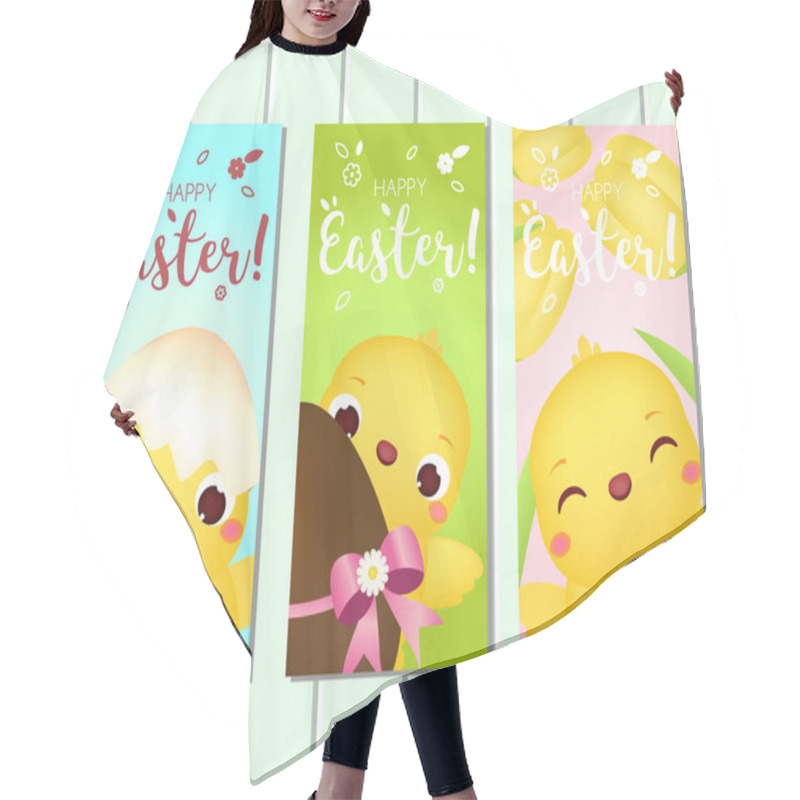 Personality  Happy Easter Vertical Banner. Cute Cartoon Chickens With Eggs And Flowers. Template Collection For Spring Seasonal Design Hair Cutting Cape