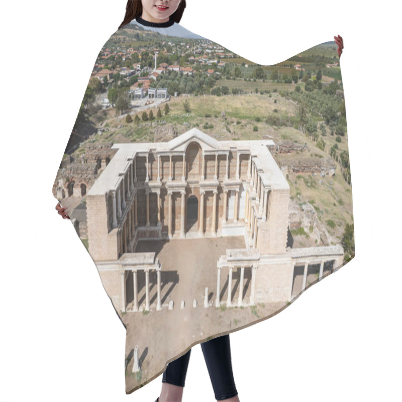 Personality  Aerial View With Drone; Sardes (Sardis) Ancient City Which Has Gymnasium And Synagogue Ruins And Columns In Manisa, Turkey. Hair Cutting Cape