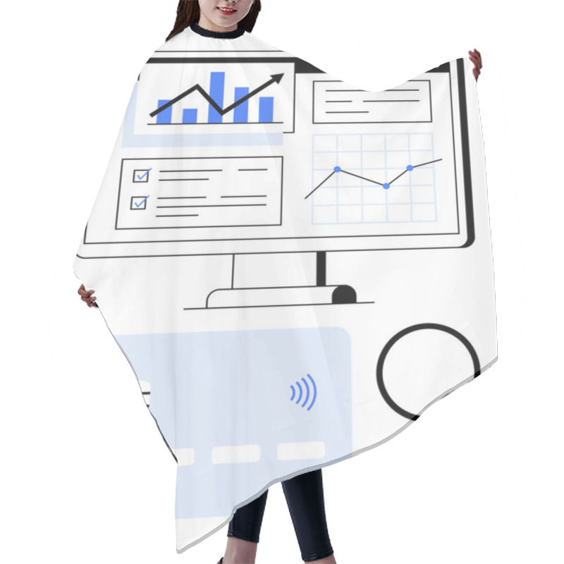 Personality  Desktop Monitor Displaying Charts, Graphs, Tasks, And Analysis Paired With Magnifying Glass And Digital Card. Ideal For Analytics, Finance, Technology, Business Strategies, Payment Systems Data Hair Cutting Cape