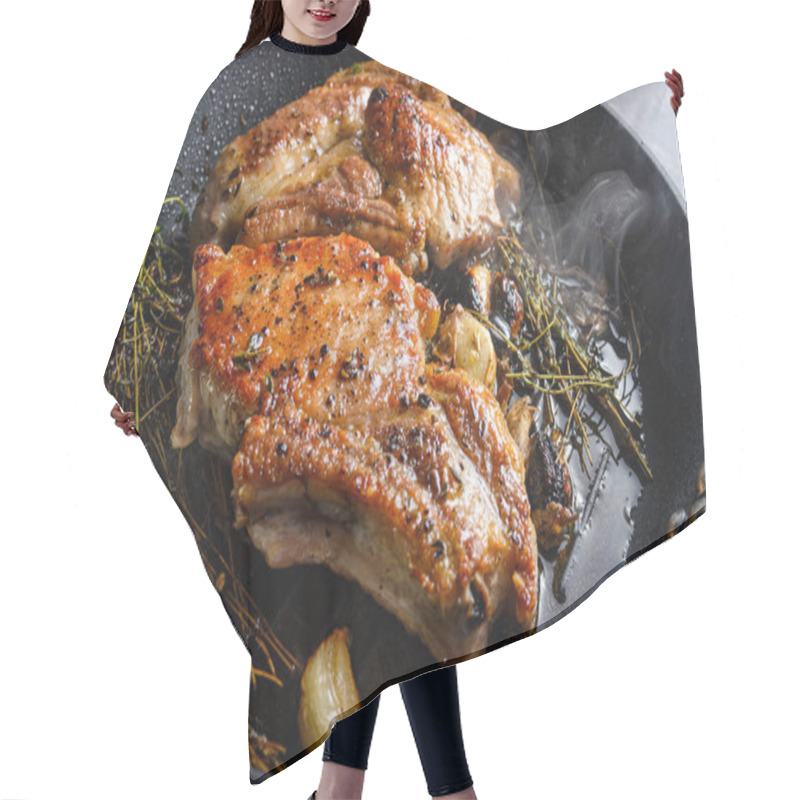 Personality  Grilled Organic Pork Cutlets With Herbs On Bone In Grill Frying Pan Hot And Hot Oil Just From Fire, Top View Cooking Bone With Seasonings Rustic Metal Background Close Up With Smoke. Hair Cutting Cape