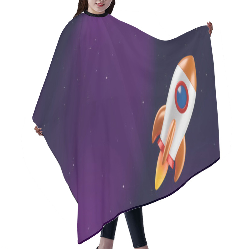 Personality  Cartoon Vector Rocket On Dark Space Background. Flying Spaceship With Flame From Engine Hair Cutting Cape