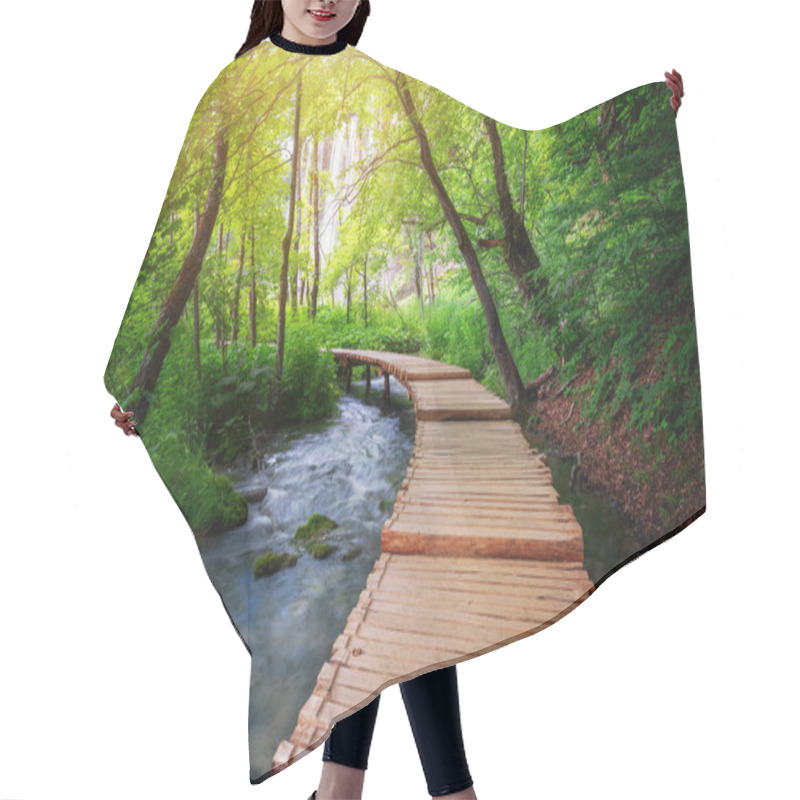 Personality  Beautiful Wooden Path Trail For Nature Trekking With Lakes And Waterfall Landscape In Plitvice Lakes National Park, UNESCO Natural World Heritage And Famous Travel Destination Of Croatia. Hair Cutting Cape