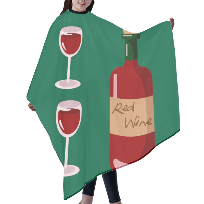 Personality  A Bottle Of Red Wine With A Cork And Wine Glasses. Flat Vector Illustration On Dark Green Background. Hair Cutting Cape