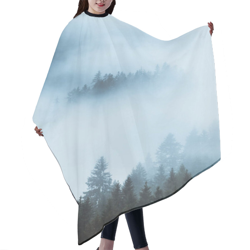 Personality  Forested Mountain Slope In Low Lying Cloud With The Evergreen Conifers Shrouded In Mist In A Scenic Landscape View. Mystic Moody And Foggy Morning Hair Cutting Cape