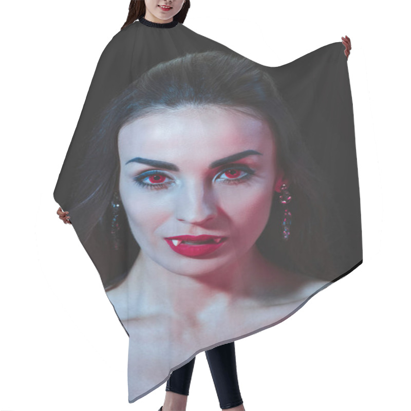 Personality  Sexy Vampire Woman With Red Eyes Looking At Camera Isolated On Black Hair Cutting Cape