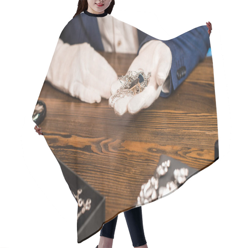 Personality  Cropped View Of Jewelry Appraiser Holding Jewelry Near Magnifying Glass On Table On Black Background Hair Cutting Cape