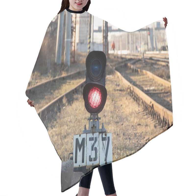 Personality  Old Railway Traffic Light With Red Light On On The Railroad In The Afternoon In Ukraine Hair Cutting Cape