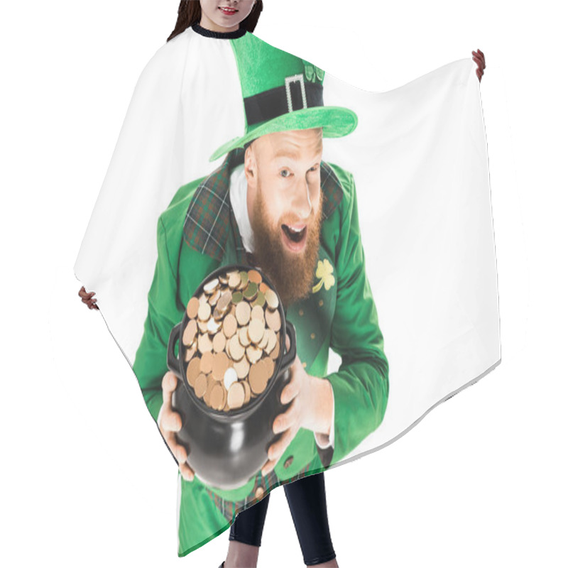 Personality  Excited Leprechaun In Green Suit And Hat Holding Pot Of Gold, Isolated On White  Hair Cutting Cape