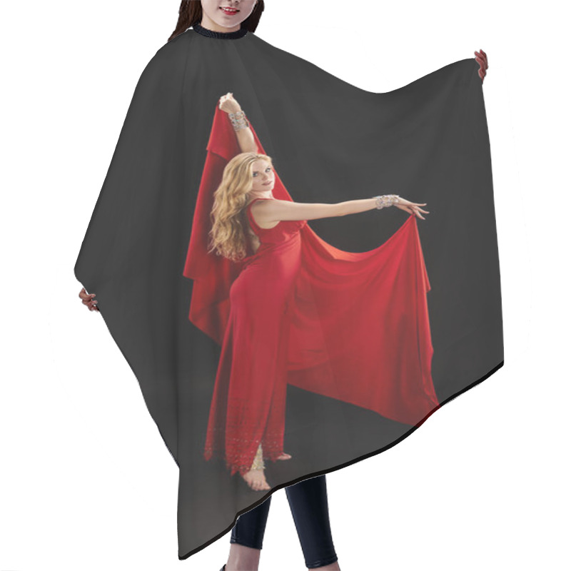 Personality  Young Woman In Red Dress Gracefully Dancing, Holding A Red Cloth. Hair Cutting Cape