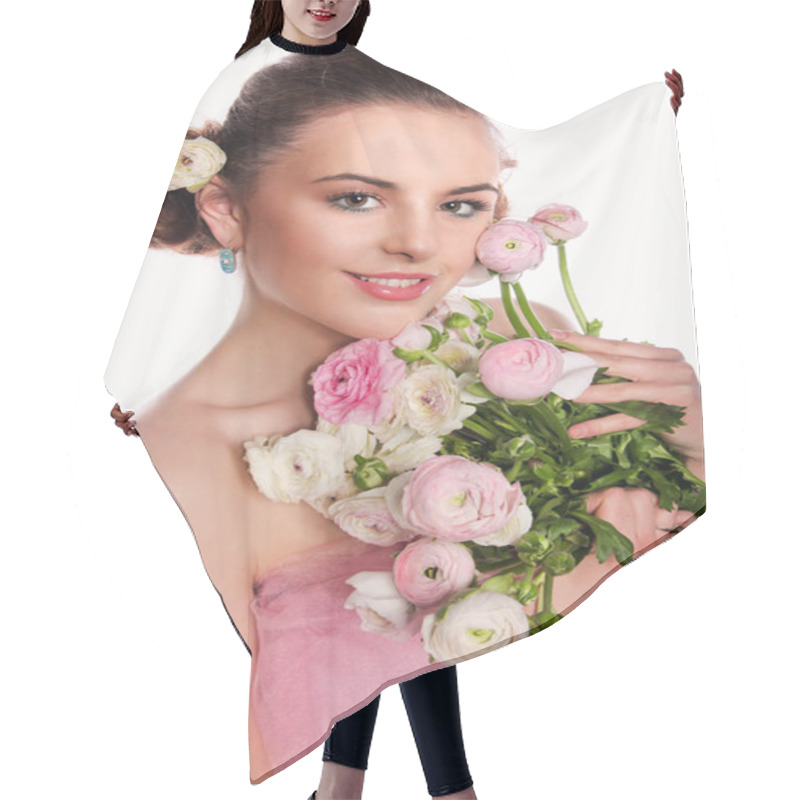 Personality  		Young Beautiful Woman With A Bouquet Of Tender Spring Flowers  Hair Cutting Cape